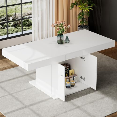 Merax ausziehbarer Esstisch 140/180x80 cm in Betonoptik, rechteckig mit Stauraum, automatischer Teleskoptisch, platzsparender Kaffeetisch, multifunktional für 4–6 Personen, Weiß