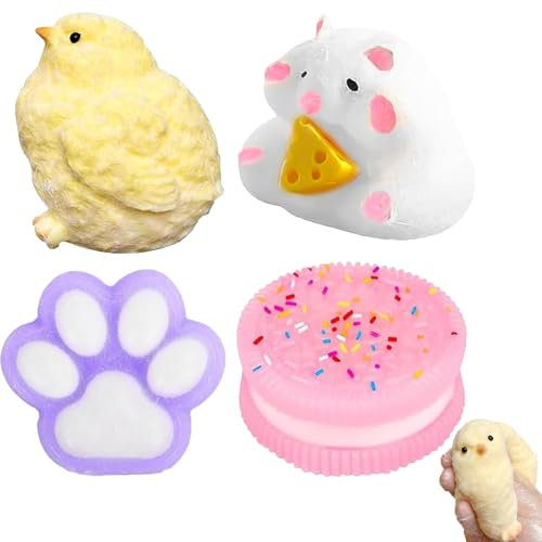 4 Pcs Squishy Toys Set, Donut, Cute Cat Paw, 120g Chick, Cheese Hamster, Squeezeable Fidget Toys to Anxiety Relief, Party Favors, Birthday Gifts for Children and Adults, Soft Squeeze Toys for All Ages