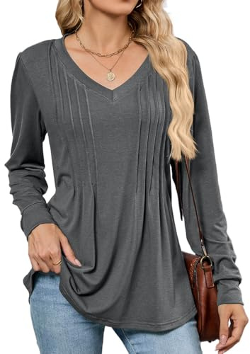 SCHOOLMOON Chemisier Femme Manche Longue Décontracté Col en V Chic Et Élégant Tunique Couleur Unie Basique Casual Bloues Tee Shirt(Gris,L)