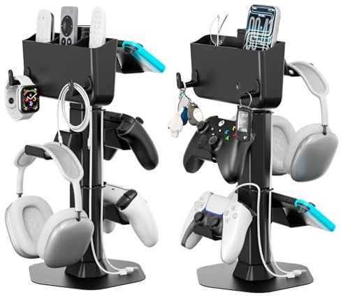 Gersker Estación para Auriculares y Mando con Organizador Mando a Distancia, Colgador de Cascos con 2 Ganchos (Reloj/Cable/Llavero), Soporte Mandos para Accesorio Gaming, Soporte para Control Remoto