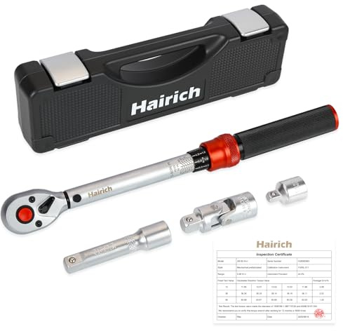 Hairich Llave dinamométrica de 3/8 5-60 Nm para bicicleta, moto y coche - Cabeza de trinquete de 72 dientes, juego de 3 piezas con extensión de 125 mm y adaptador de 3/8-1/4, perfecta para cambiar