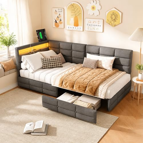 Zorvani letto singolo 90 x 200 cm, con LED e stazione di ricarica USB, letto per ragazzi con 2 cassetti e rete a doghe, letto per gli ospiti, struttura del letto senza materasso