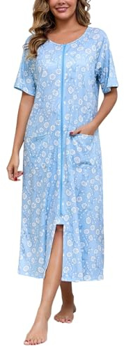 Rubehoow Women's Mumu House Dresses with Zipper Floral Print Short Sleeve Long Length Bathrobe Nightgown Grey Blue,XL