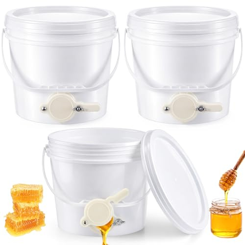 Threehoney 3 cubos de miel de 2 galones con puerta, equipo extractor de miel, cubos de grado alimenticio, cubos seguros para alimentos con tapa para suministros de apicultura y almacenamiento (blanco