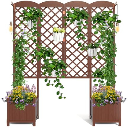 Cassetta da Giardino con Griglia Rampicante, Aiuola Rialzata Impermeabile in Legno di Abete 160x40,6x183cm, Schermo Privacy con Drenaggio per Piante Rampicanti, Frutta, Verdura, Fiori, Marrone Scuro
