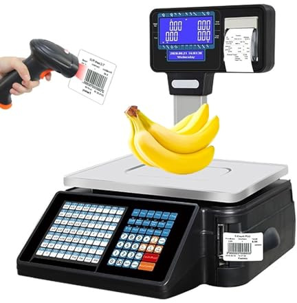 Digital Price Computing Scale, Commercial Counting Scales with Pole Display and Thermal Label Printer, 6/15/30kg Capacity for Supermarkets