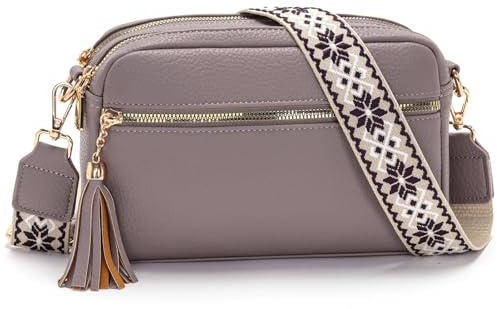 LANXINGLUO sac a main femme，sacoche femme bandoulière 4 Compartiments, en Cuir PU avec Sangle Réglable et Large Amovible，sac bandoulière gris violet