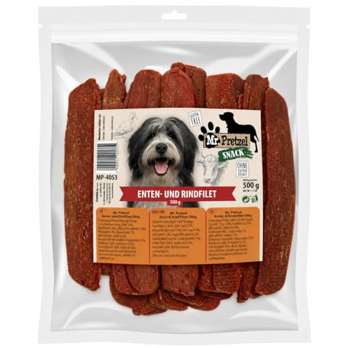Mr. Pretzel ank- och nötköttsfilé remsor 500 g, premiumhundsnacks med 50 % anka och 40 % nötkött, proteinrik (35 %), spannmålsfri och allergivänlig, hälsosamma köttremsor, belöning