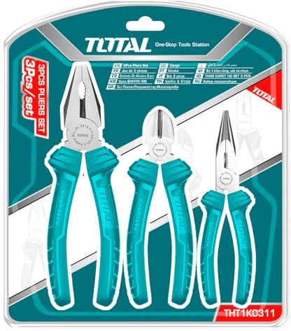 TOTAL - Juego de 3 Alicates - Alicate Universal de 180 mm - Alicate de Corte Diagonal de 160 mm - Alicate de Boca Plana de 160 mm - Mango Ergonómico de Fibra - Acero - Azul