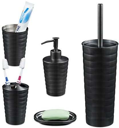 Relaxdays Set de Baño Accesorios, Kit 5 Piezas Acero Inoxidable, Jabonera, Soportes, Vaso, Dispensador Jabón, Antracita