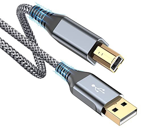 Cable USB B 2.0 para impresora y escáner, USB A a USB B, para impresora PC, compatible con HP, Dell, Canon, Epson, Lexmark, Xerox, Brother, Samsung, Pixma (3 m, gris)