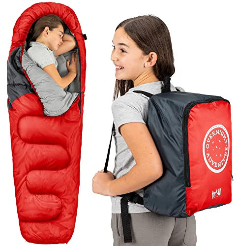 Trail Schlafsack Kinder Mumienschlafsack als Schlafsack 3 Jahreszeiten für Camping – 300gsm – für Jungen und Mädchen – mit Leichtem Transportrucksack - Rot