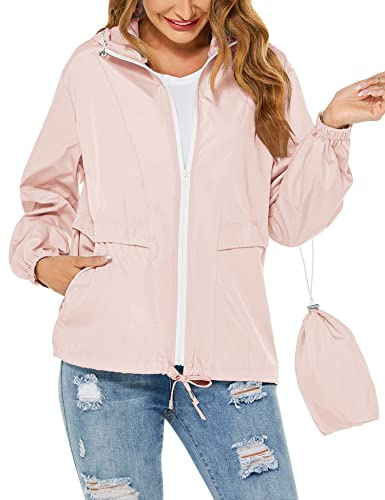 Tisfeer - Impermeabile da donna con cappuccio, leggero, antivento, ripiegabile, giacca a vento con cappuccio, Colore: rosa., XXL