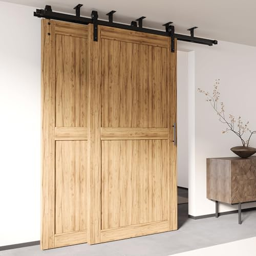 Homacer Black Rustic Ceiling Mount Double Track Bypass Sliding Barn Door Hardware Kit, for Two/Double Doors, 8ft Long Flat Track, Interior Use Only (Doors are not Included)