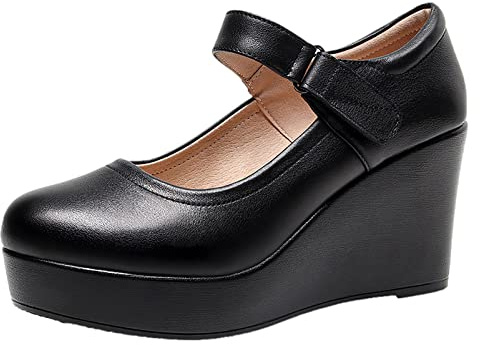 Jamron Donna Piattaforma Alta 8CM Tacco a Zeppa Scarpe Mary Jane Gancio e Anello Décolleté in Pelle Nero SN070281-2 EU38