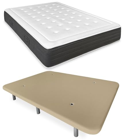 DUÉRMETE ONLINE - Cama Completa con Colchón Viscoelástico Bio Nature + Base Tapizada Reforzada Color Beige con 6 Patas Metálicas Roscadas, 135 x 190