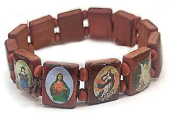 Srliya 4 unidades de madera Rosario Jesús pulsera elástico elástico brazalete con fotos de santos religiosos católicos dioses santos diosa oración pulsera de manifestación