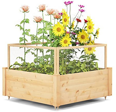 COSTWAY Jardinière Surélevée en Bois de Sapin 107 x 107 x 80 cm, Lit de Jardin avec Clôture Grillagée Contre Le Vandalisme Animal et Grille de Culture, pour Fleurs Légumes Fruits