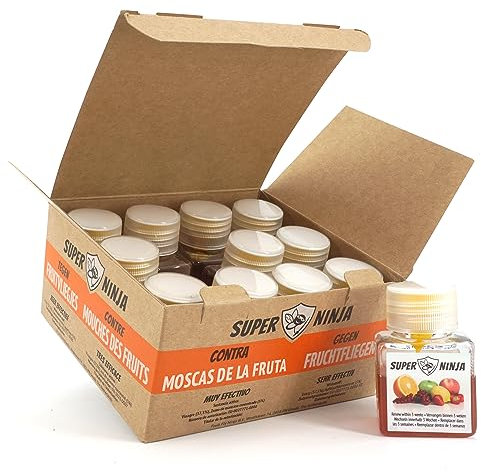 Super Ninja Fruchtfliegenfalle für Innenbereich – 12er-Pack, Wirksame Obstfliegenfalle für Haushalt und Küche, bis zu 3 Wochen Leistung pro Flasche, Kinder-und haustierfreundlich