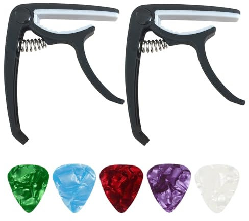 2 Gitarren-Kapodaster Mit 5-Teiligen Gitarrenplektren, Multifunktionaler Kapodaster, Gitarren-Tuning-Zubehör Für Akustikgitarre, E-Gitarre, Ukulele (Schwarz, Weiß)
