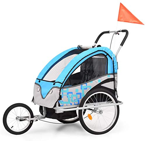 BaraSh Cochecito y Remolque de Bicicleta para niños 2-en-1 Azul Gris Remolque Bicicleta niños portaequipajes Bicicleta