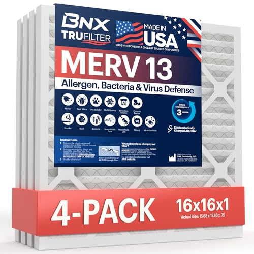 BNX TruFilter 16 x 16 x 1 Luftfilter MERV 13 (4er-Pack), hergestellt in den USA, elektrostatisch, plissiert, Klimaanlage, HVAC, AC-Ofenfilter für Allergien, Pollen, Schimmel, Bakterien, Rauch,