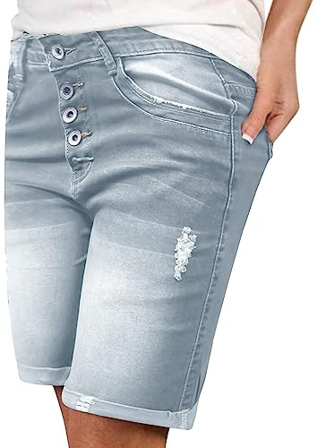 Duohropke Pantalones vaqueros cortos para mujer, de verano, hasta la rodilla, pantalones vaqueros cortos para mujer, cintura alta, elásticos, tallas grandes, pantalones cortos, pantalones vaqueros