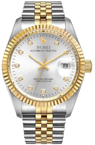 BUREI 38mm Automatik Uhr Herren Luxus Diamant Armbanduhr für Männer Mit Saphirglas Datumskalender (Silber, Silber und Gold)