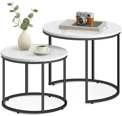 Home Collective Couchtisch 2er Set Rund Beistelltisch Loft Design 2 in 1 Verschachtelung Kratzfeste Oberfläche, Wohnzimmer | 53cm und 43cm Breit Marmor Optik mit schwarzen Beinen