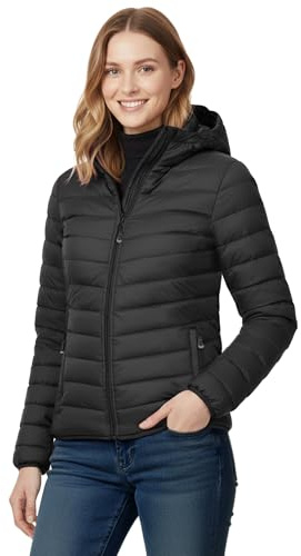 33,000ft Chaqueta acolchada ligera para mujer, chaqueta de entretiempo con capucha, forrada y cálida, para exteriores, ocio y senderismo, Negro , XL