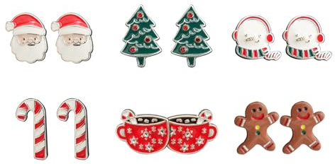 Boucle d'oreille Noël 6 Paires Boucles d'Oreilles Femme, Ensemble Stud Pour Femmes, Père Noël, Sapin, Bonhomme de Neige, Cadeaux