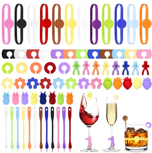 Kasanni Marqueurs en Silicone Réutilisables pour Verres - Lot de 70 pour Décorations de Fête de Bar, Verres à Vin, Champagne, Martini, Terre de
