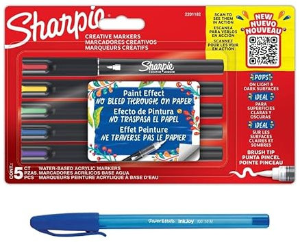 Sharpie Set Creative Acrylic Markers | Blister of 5 Colors | Brush Tip |Water Based | Working on Glass | + Paper Mate Pen Gift