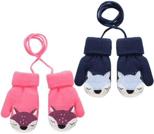 FUIPVGI 2 Pares Manoplas de Punto de Invierno para Bebés, Lindos Guantes Cálido de Zorro con Forro Peludo para Colgar en el Cuello para Niñas y Niños de 1 a 3 Añ (Azul marino, Rosa oscuro)