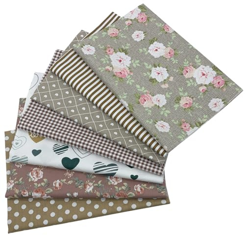 EDGEAM Tessuto di cotone al metro, patchwork, in cotone, da cucire, 7 pezzi, 50 x 45 cm, per tessuti per cucito, fai da te, scrapbooking (marrone, 50 x 45 cm)