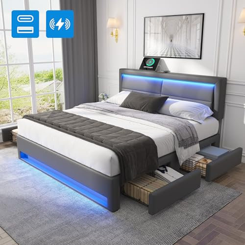 OKYION Polsterbett Funktionelles 160 x 200 cm mit USB-Ladeanschluss(unterstützt kabelloses und kabelgebundenes Laden), Doppelbett Stauraumbett mit LED-Beleuchtung, PU Grau(Ohne Matratze)