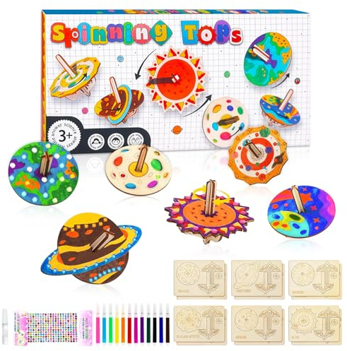 Kit de 12 Toupies en Bois à Personnaliser - Créativité, Peinture & Thème Planétaire - Activité Manuelle pour Adultes (Bois)