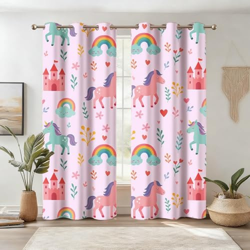 NETMEO Rideaux Licorne Nemo pour Chambre d'enfant (2 Panneaux) | Rideaux occultants Arc-en-Ciel colorés pour Chambre de Fille (Rose Licorne, L132×H213 cm)
