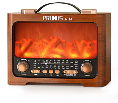 PRUNUS J-196 Radio Portatile Vintage FM/AM, Altoparlante Bluetooth 6.0 con Design Retro Unico con Effetto Fiamma LED, Radiolina Portatile con Batteria Ricaricabile da 1800 mAh, Supporta TF/USB/AUX.