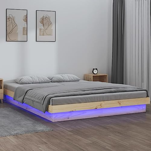 Iiaky Estructura de Cama de 200 x 200 cm con LED Cama de Madera Maciza Cama Doble con somier de láminas-Natural-200 x 200 cm