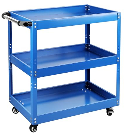 Tool Trolley on Wheels, 3-Tier Heavy Duty Tool Trolley, 26×14×28.3 inches | Rolling Trolley with Deep Shelves, Swivel Wheels, 550 lbs Capacity, Work & Service Cart, Blue