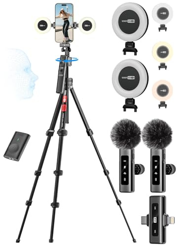 USKEYVISION Vlogging Kit w/Remote,YouTube Starter Kit,Auto Face Tracking Tripod for iPhone w/Light,Phone Stand for Video Recording,Camera Mount Tripod,Wireless Lavalier Microphone