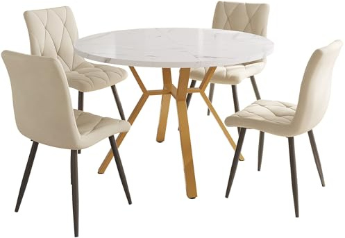 dowowdo Mesa de comedor redonda con juego de 4 sillas, mesa redonda de mármol con base en X dorada y placa blanca, 4 sillas de terciopelo beige como grupo de comedor luminoso y acogedor para comedor