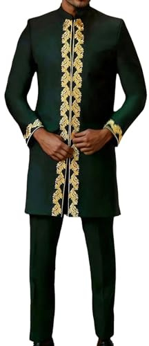 Survêtement en coton pour homme - Combinaison ethnique africaine à manches longues brodée - Costume décontracté - Costume traditionnel deux pièces