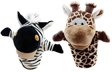 Milageto 2X burattini da Mano a Forma di Animale, Pupazzi da narrazione, Peluche Realistico con Bocca Mobile per Giochi Divertenti, bomboniere per Feste, Giraffa Zebra