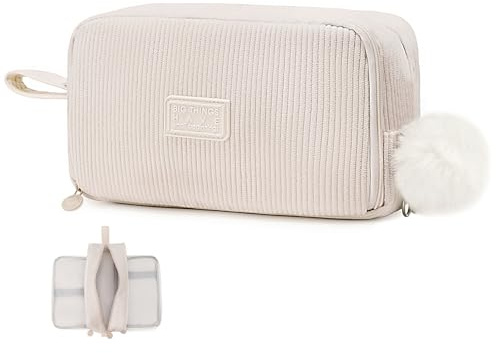 Byitin Pencil Case 3 Compartment, Large Capacity Pencil Cases for Girls Boys, Pencilcase Corduroy, Cute Pen Pouch Bag, School Stationery Organizer for Students, Girls, Kids, Adults, Beige