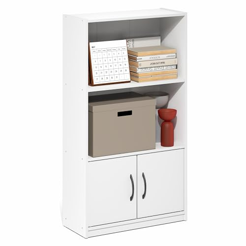 Furinno Gruen Book Shelf, 3-Tier Bookshelf, Bookcase with Open Shelf and 2 Doors Storage Cabinet, 9.3 x 21.8 x 39.5, for Organization and Storage, for Living Room, Bedroom, Home Office, White
