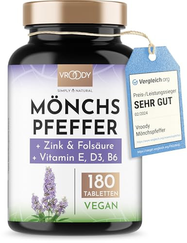 Mönchspfeffer Plus - hochdosierter Preis-Leistungs-Sieger - 180 kleine Tabletten + Folsäure, Zink, Vitamin E, D3, Calcium & B6 trägt zur Regulierung der Hormontätigkeit bei - frei von Zusätzen