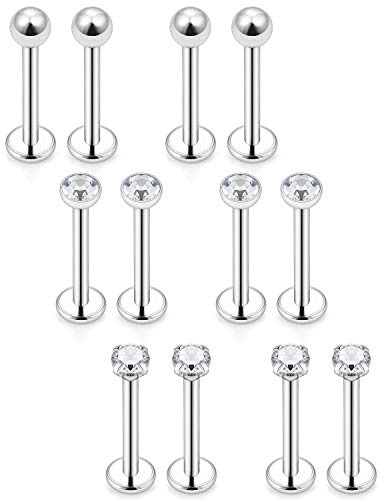 Mayhoop 12Pcs 16G Piercing Labret Tragus Helix Cartilage Acier Inonxidable Argent Zircon Boule Piercing Oreille Lèvre Studs Bijoux de Piercing 8mm