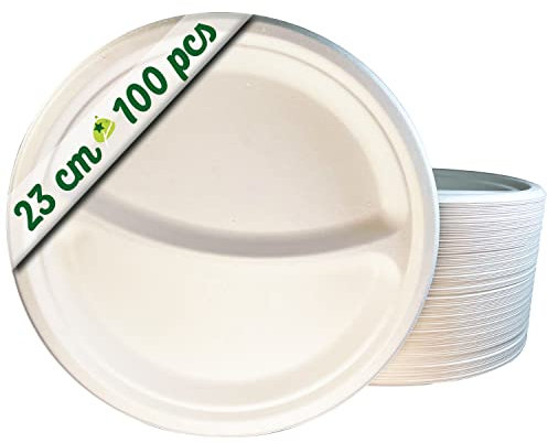 GoBeTree 100 Platos desechables de 23 cm con 2 compartimentos. Platos de caña de azúcar, Vajilla desechable extrafuertes de Color Blanco. Platos Redondos.